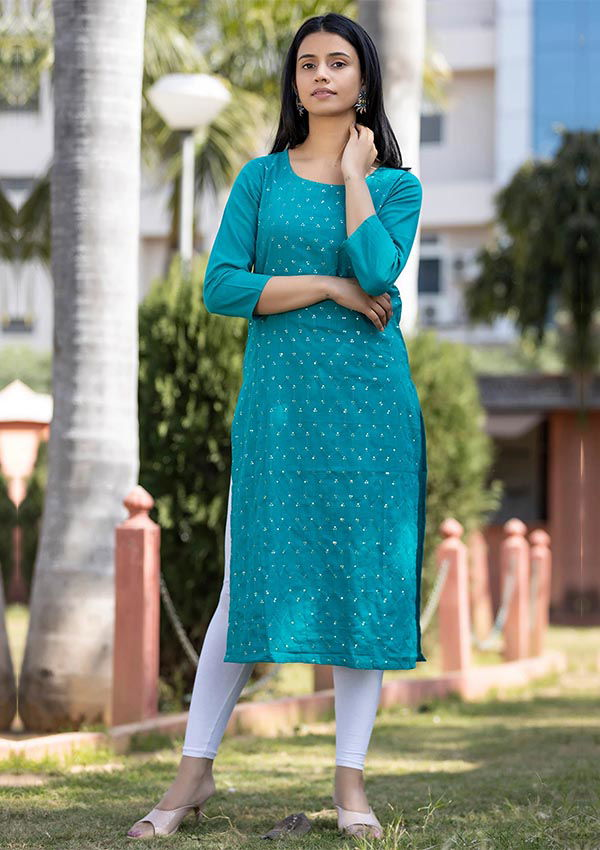 Teal Green Solid Sequins Embellished Cotton Casual Kurta (Set of 1) - Kaajh - #tag4#
