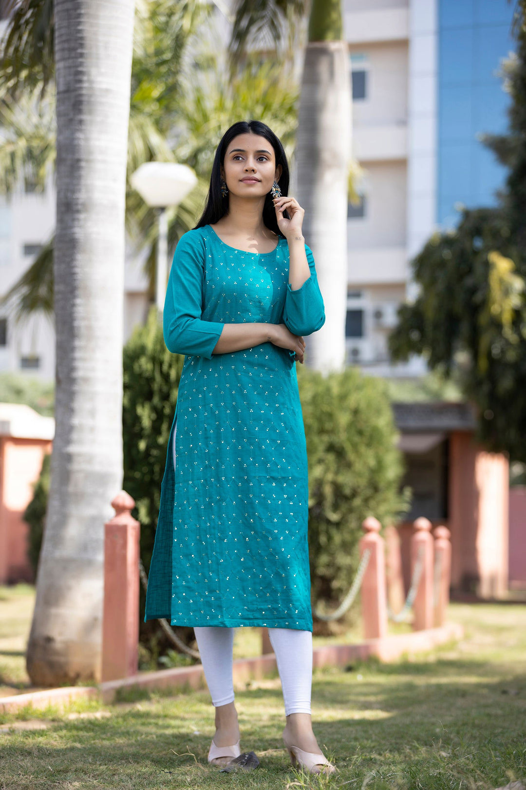 Teal Green Solid Sequins Embellished Cotton Casual Kurta (Set of 1) - Kaajh - #tag4#