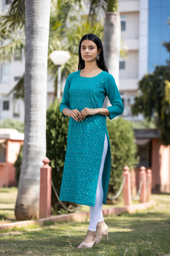 Teal Green Solid Sequins Embellished Cotton Casual Kurta (Set of 1) - Kaajh - #tag4#