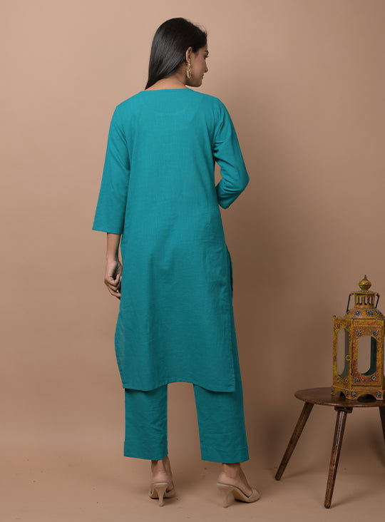 Teal Green Solid Sequins Embellished Kurta Pant Set - Kaajh - #tag4#