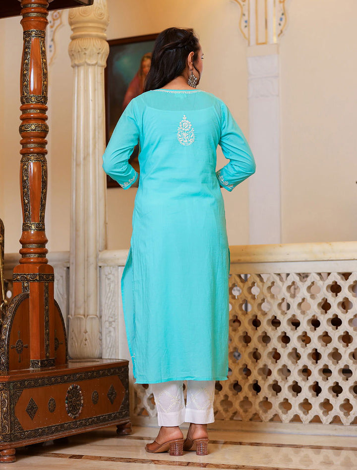 Turquoise Hand Embroidered Lucknow Chikankari Kurta Set With Dupatta (set of 3) - Kaajh - #tag4#