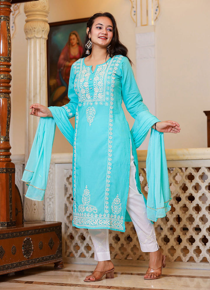 Turquoise Hand Embroidered Lucknow Chikankari Kurta Set With Dupatta (set of 3) - Kaajh - #tag4#