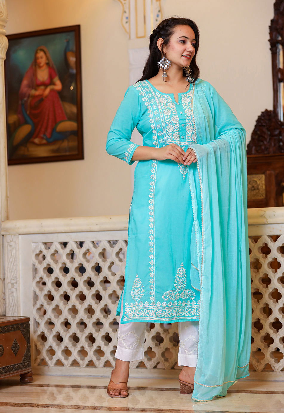 Turquoise Hand Embroidered Lucknow Chikankari Kurta Set With Dupatta (set of 3) - Kaajh - #tag4#