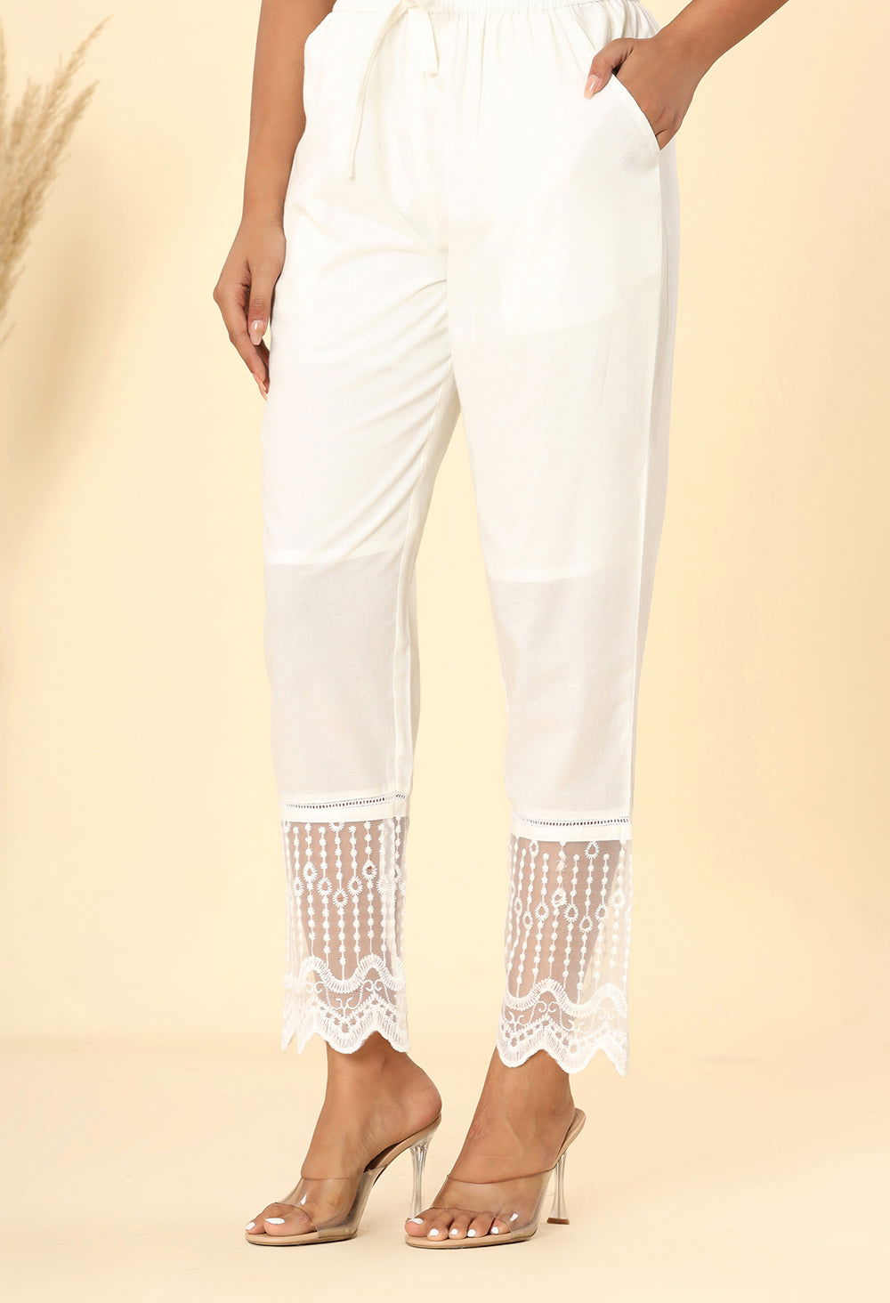 White Cotton Exclusive Lace Pant - Kaajh - #tag4#