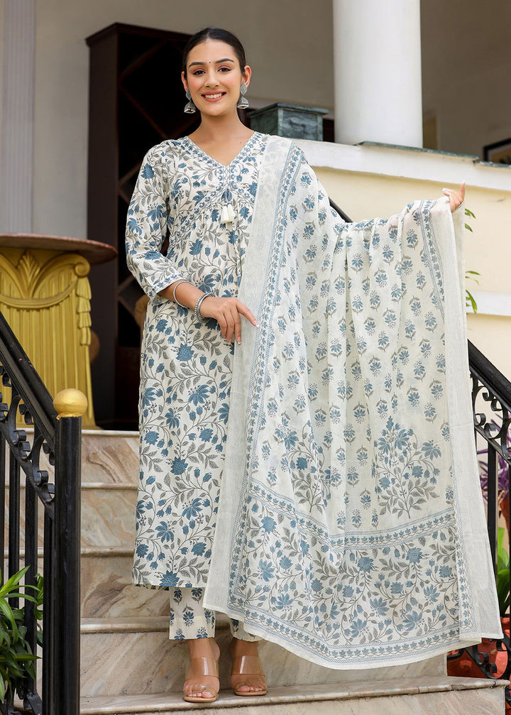 White Floral Printed Aaliya Cut Kurta Pant And Dupatta Set (Set of 3) - Kaajh - #tag4#
