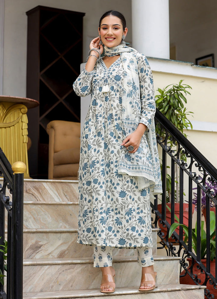 White Floral Printed Aaliya Cut Kurta Pant And Dupatta Set (Set of 3) - Kaajh - #tag4#