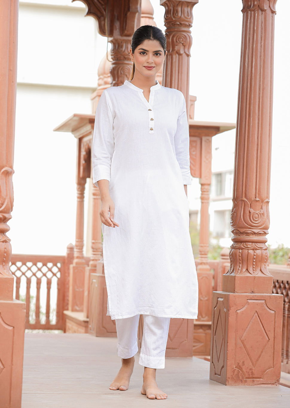 White Solid Cotton Casual Kurta Pant Set (pack of 2) - Kaajh - #tag4#