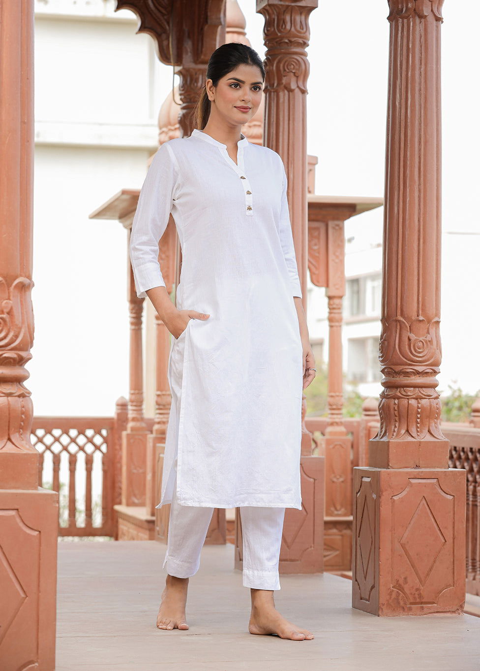 White Solid Cotton Casual Kurta (Set of 1) - Kaajh - #tag4#