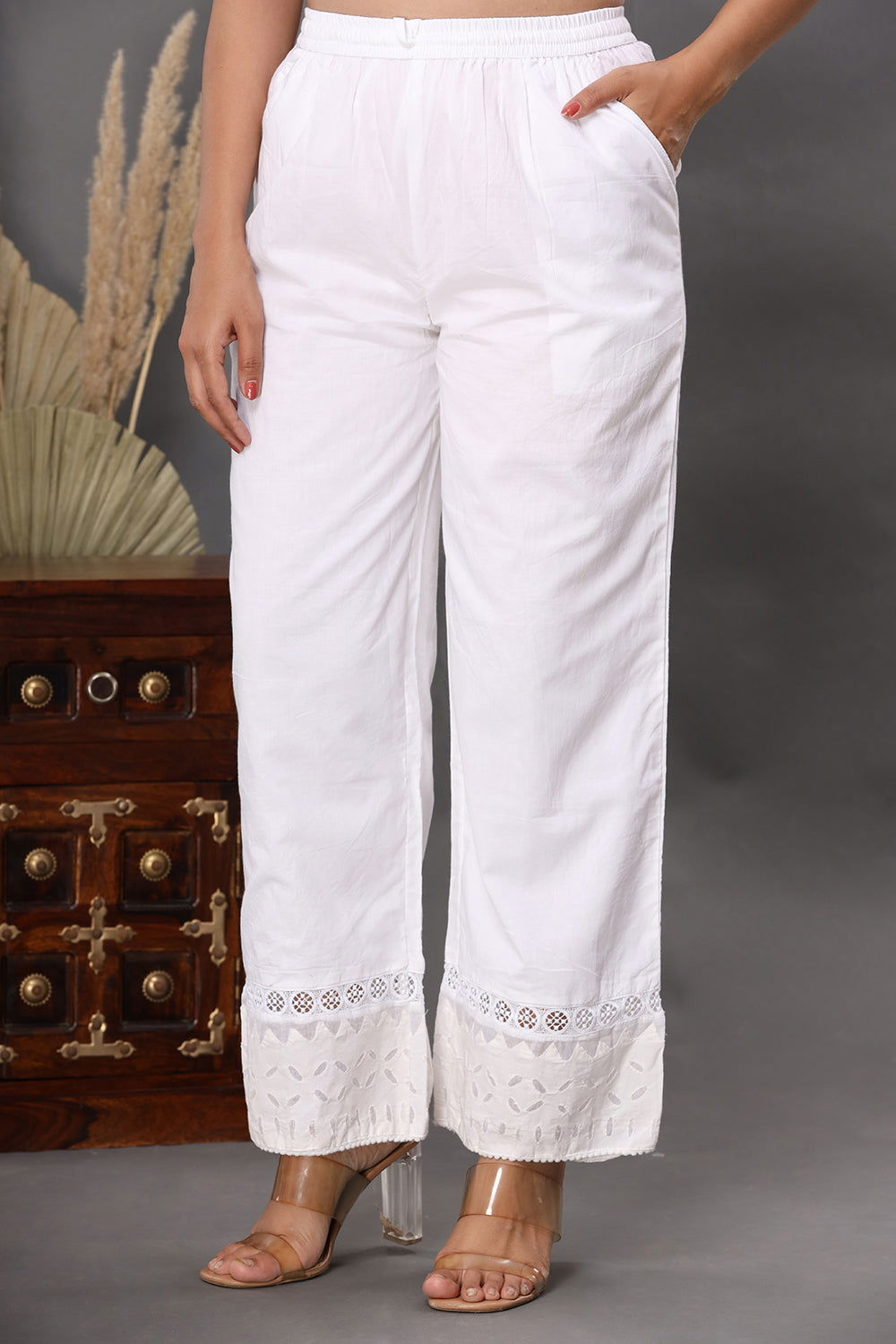 Wide Ice White Laced Cut Work Pant (set of 1) - Kaajh - #tag4#