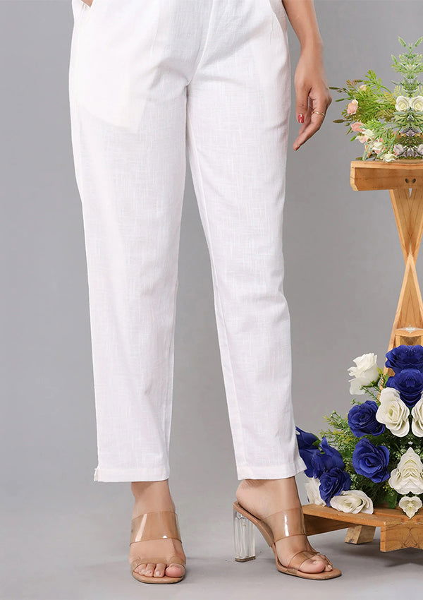 Women White Cotton Straight Trouser (set of 1) - Kaajh - #tag4#