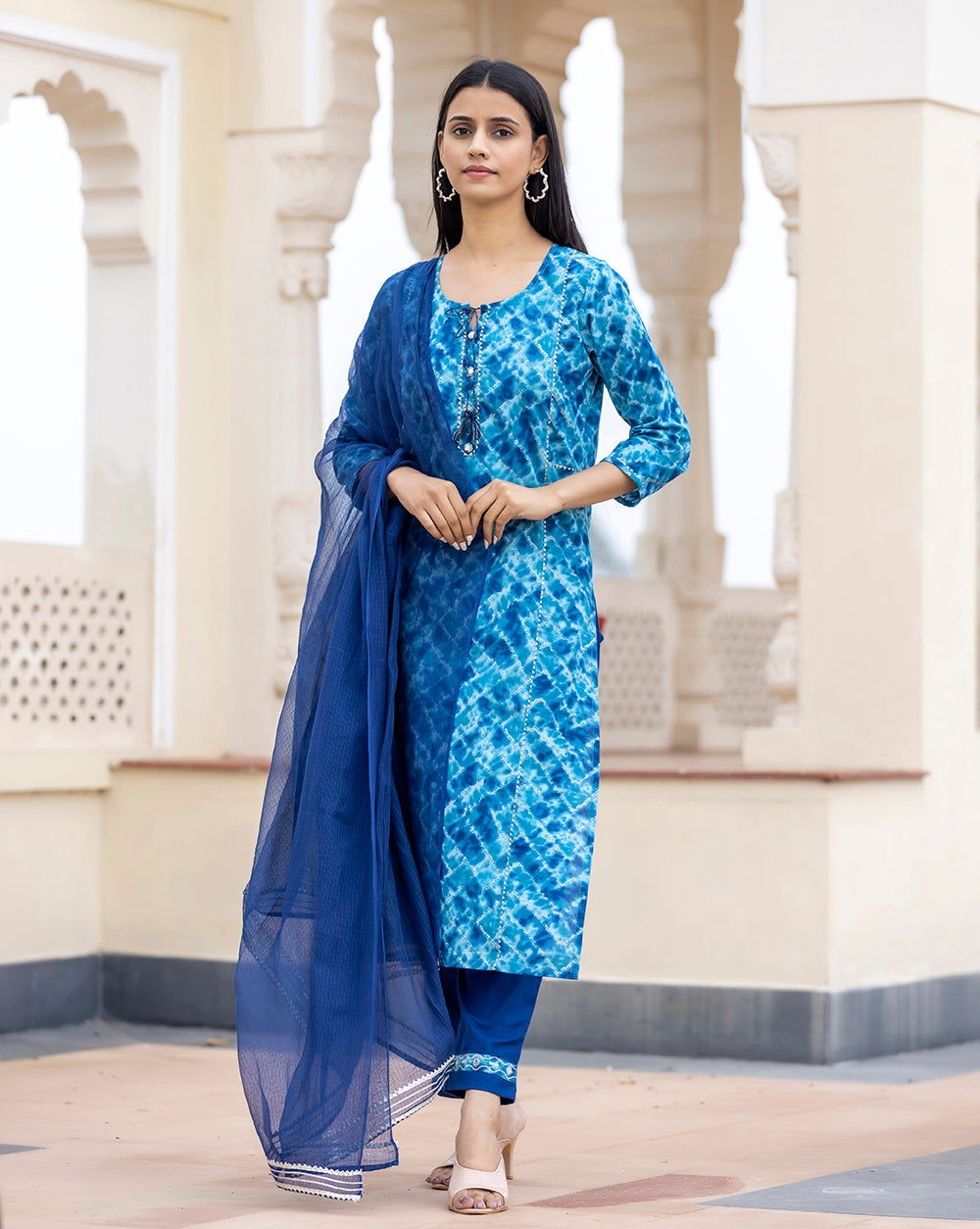 Women's Blue Tie Dye Cotton Kurta Pant Set With Dupatta (pack of 3) - Kaajh - #tag4#