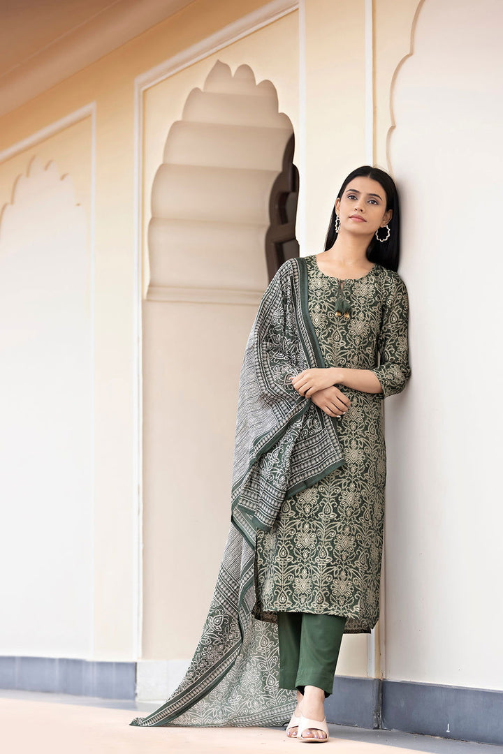 Women's Green Bandhej Print Modal Silk Kurta Pant Set With Dupatta - Kaajh - #tag4#