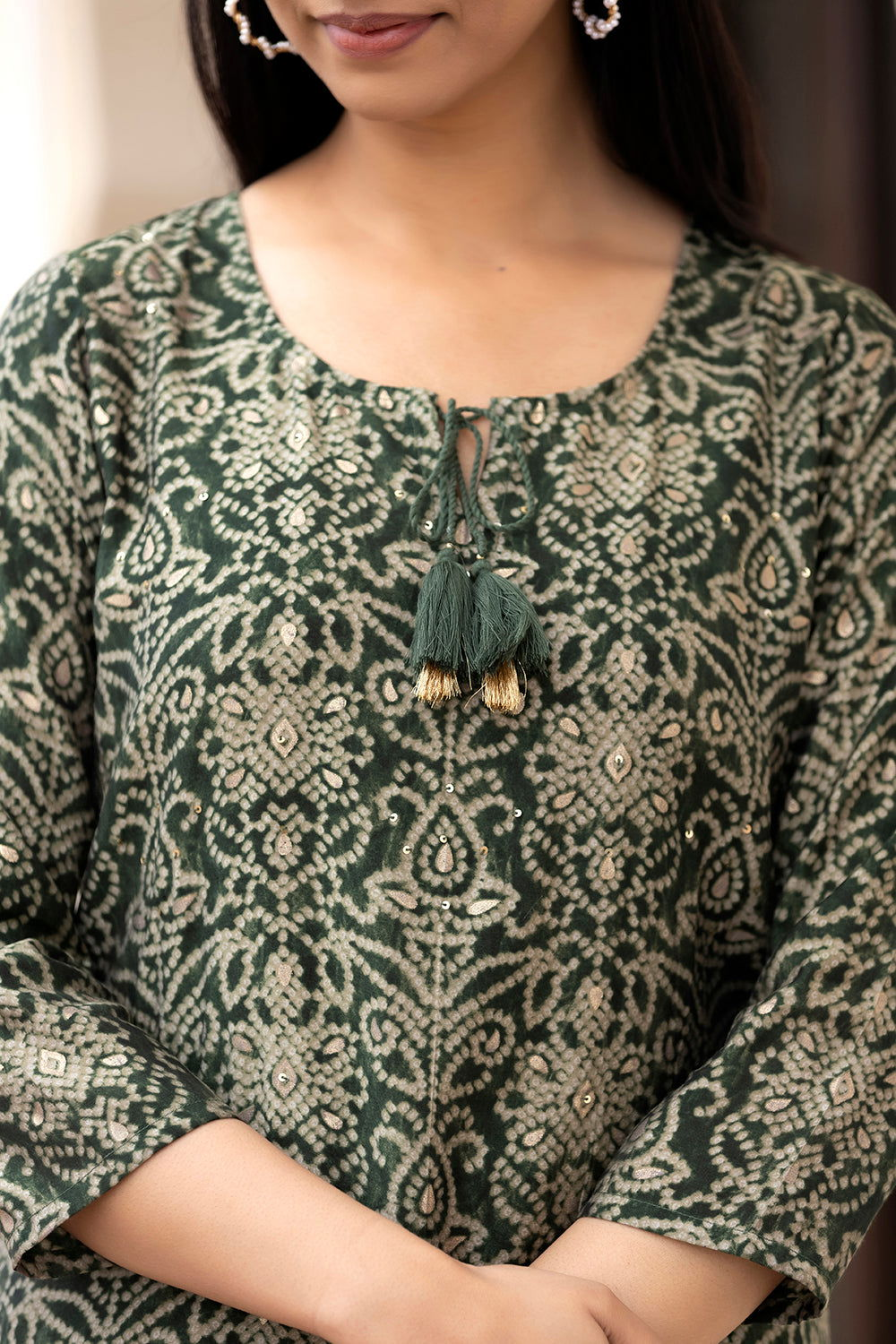 Women's Green Bandhej Print Modal Silk Kurta Pant Set With Dupatta - Kaajh - #tag4#