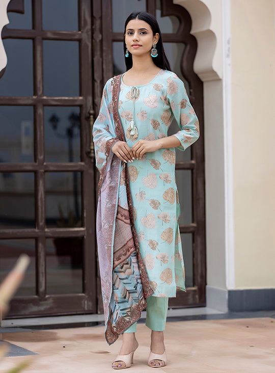 Women's Green Modal Silk Printed Kurta Pant Set With Dupatta - Kaajh - #tag4#