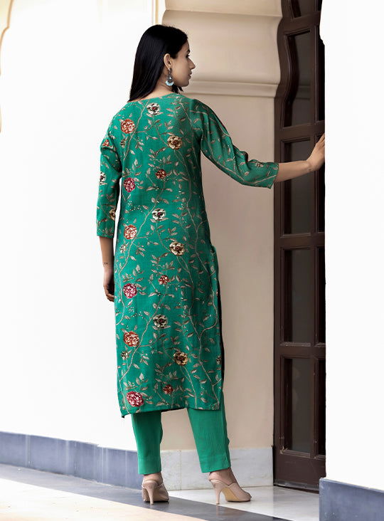 Women's Green Modal Silk Printed Kurta Set With Trouser and Dupatta - Kaajh - #tag4#