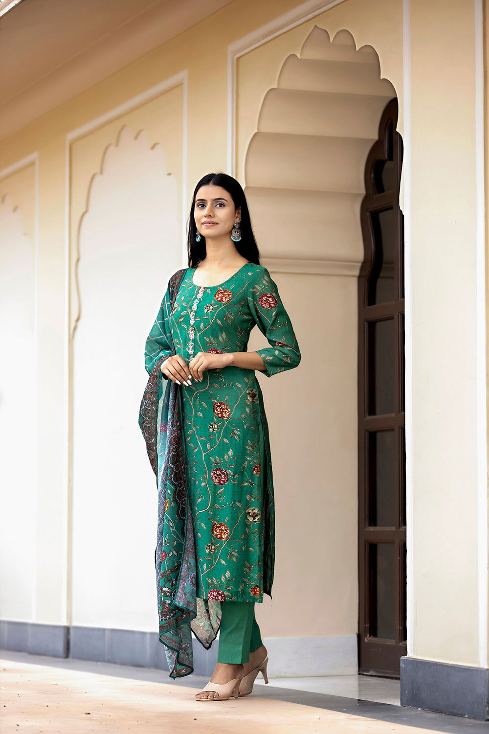 Women's Green Modal Silk Printed Kurta Set With Trouser and Dupatta - Kaajh - #tag4#
