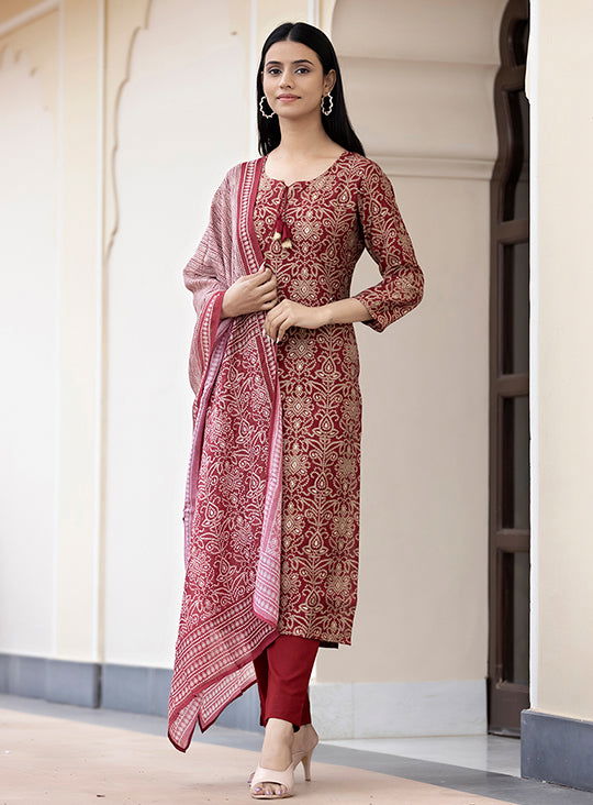 Women's Maroon Bandhej Print Modal Silk Kurta Pant Set With Dupatta (pack of 3) - Kaajh - #tag4#