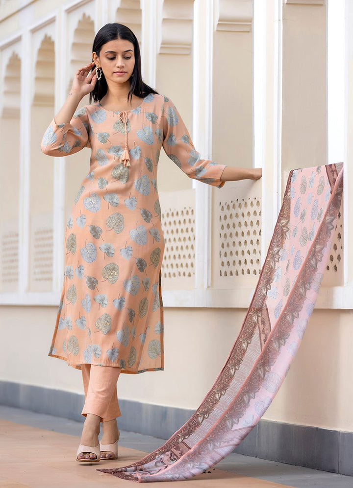 Women's Peach Modal Silk Printed Kurta Pant Set With Dupatta (pack of 3) - Kaajh - #tag4#