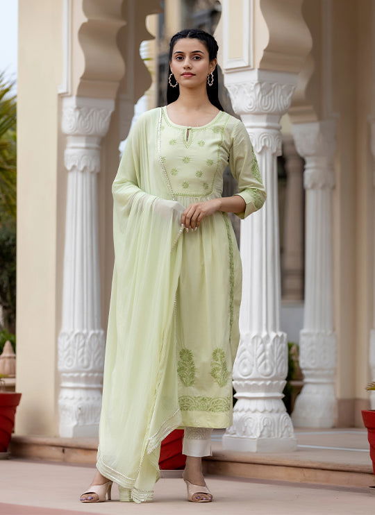 Women's Pista Green Side Slit Lucknow Chikankari Kurta Pant Set With Dupatta - Kaajh - #tag4#