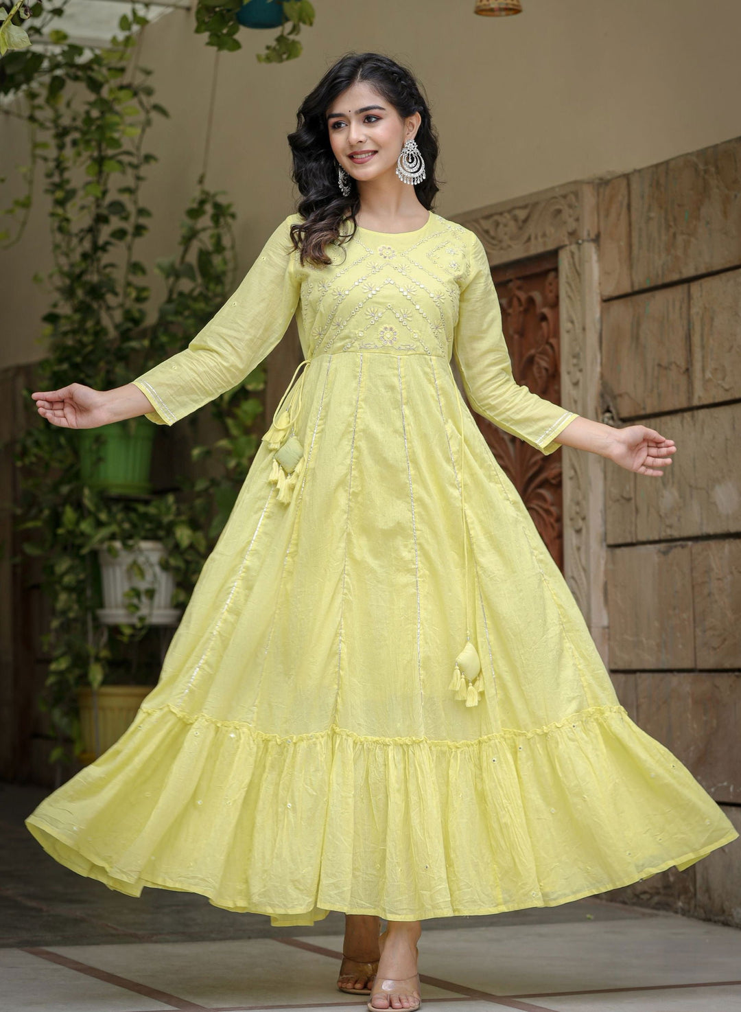 Yellow Embellished Cotton Ethnic Gown (set of 1) - Kaajh - #tag4#