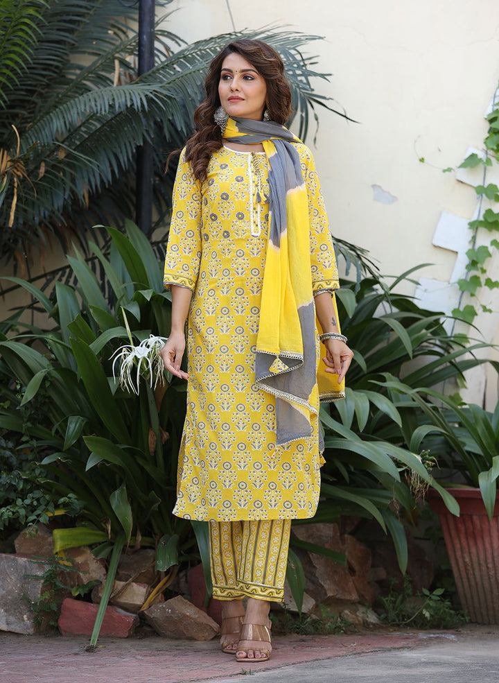 Yellow Embroidered Cotton Kurta Pant Set With Dupatta (pack of 3) - Kaajh - #tag4#