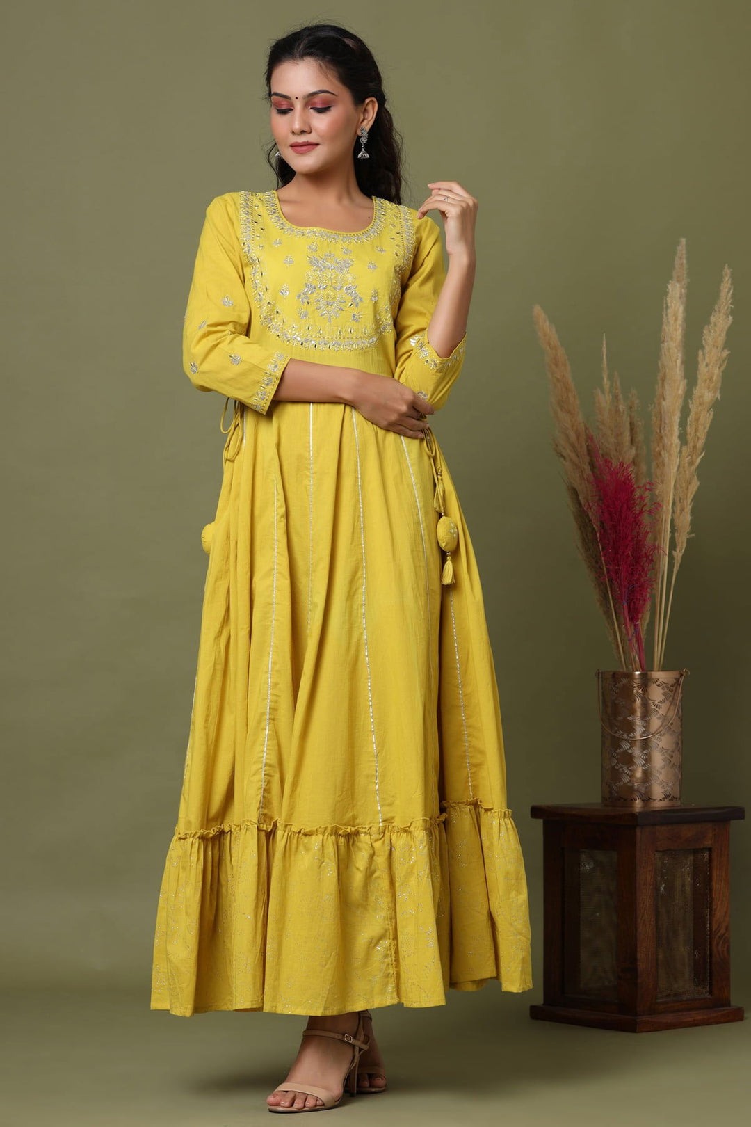 Yellow Embroidered Ethnic Gown (Set Of 1) - Kaajh - #tag4#