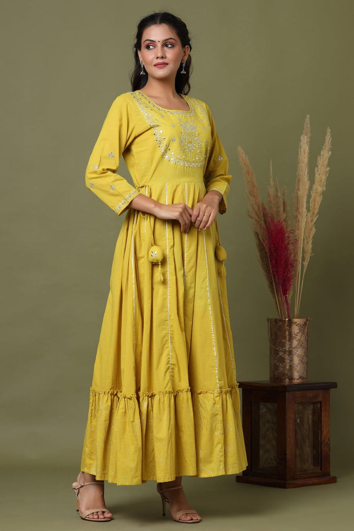Yellow Embroidered Ethnic Gown (Set Of 1) - Kaajh - #tag4#