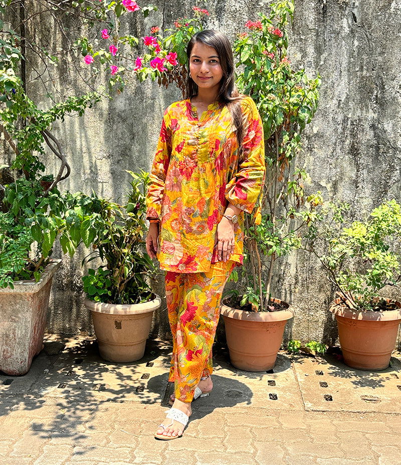 Yellow Floral Butter Cotton Co-ord Set (Set Of 2) - Kaajh - #tag4#