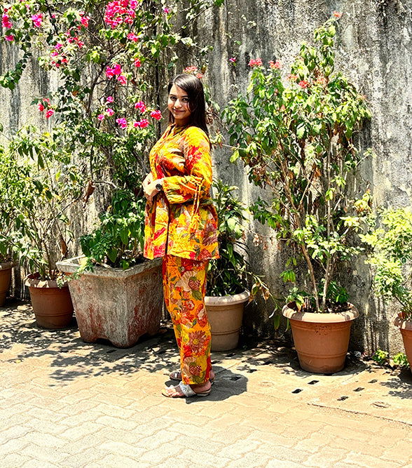 Yellow Floral Butter Cotton Co-ord Set (Set Of 2) - Kaajh - #tag4#