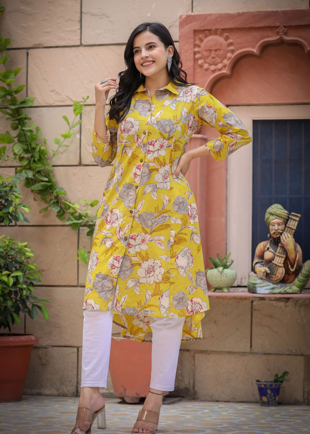 Yellow Floral Print Cotton Kurta (Set of 1) - Kaajh - #tag4#