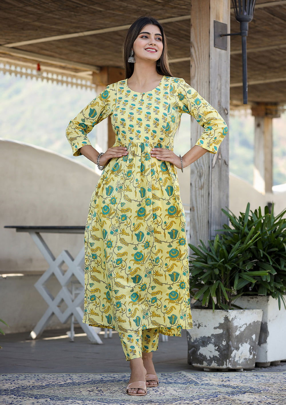 Yellow Floral Print Side Slit Cotton Kurta Pant Set (set of 2) - Kaajh - #tag4#