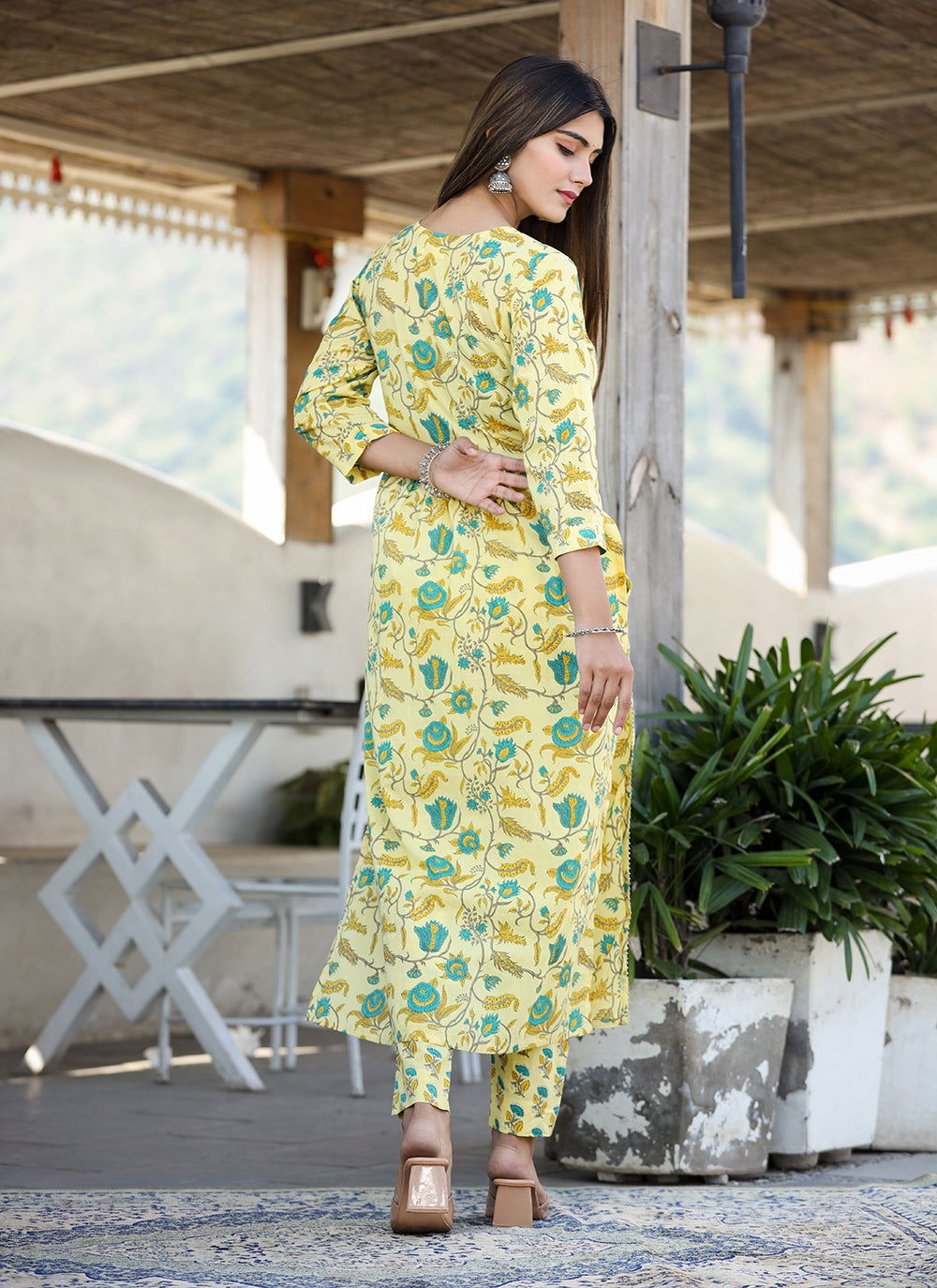 Yellow Floral Print Side Slit Cotton Kurta Pant Set (set of 2) - Kaajh - #tag4#