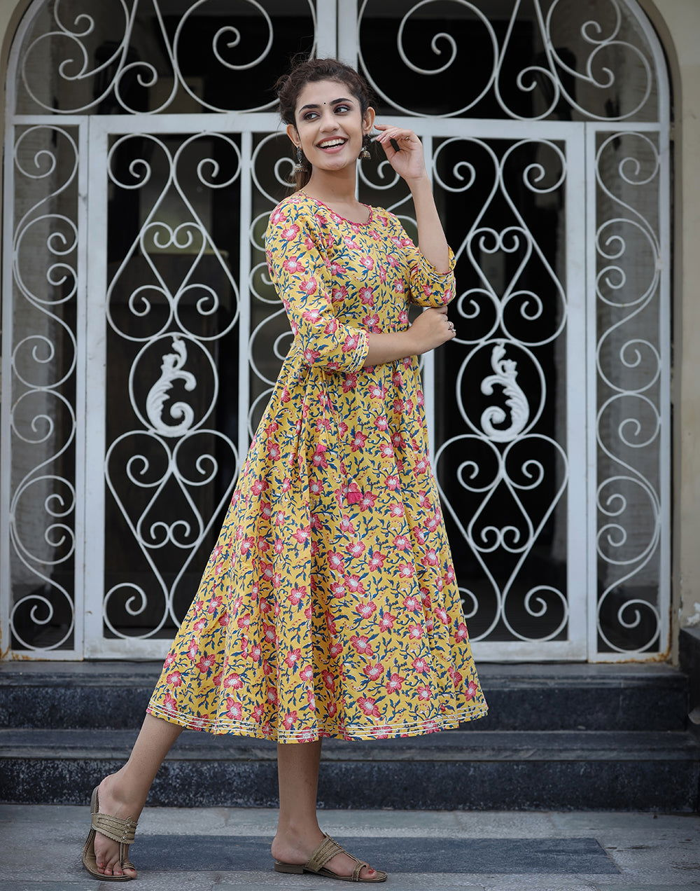 Yellow Floral Printed Cotton Ethnic Dresses (pack of 1) - Kaajh - #tag4#