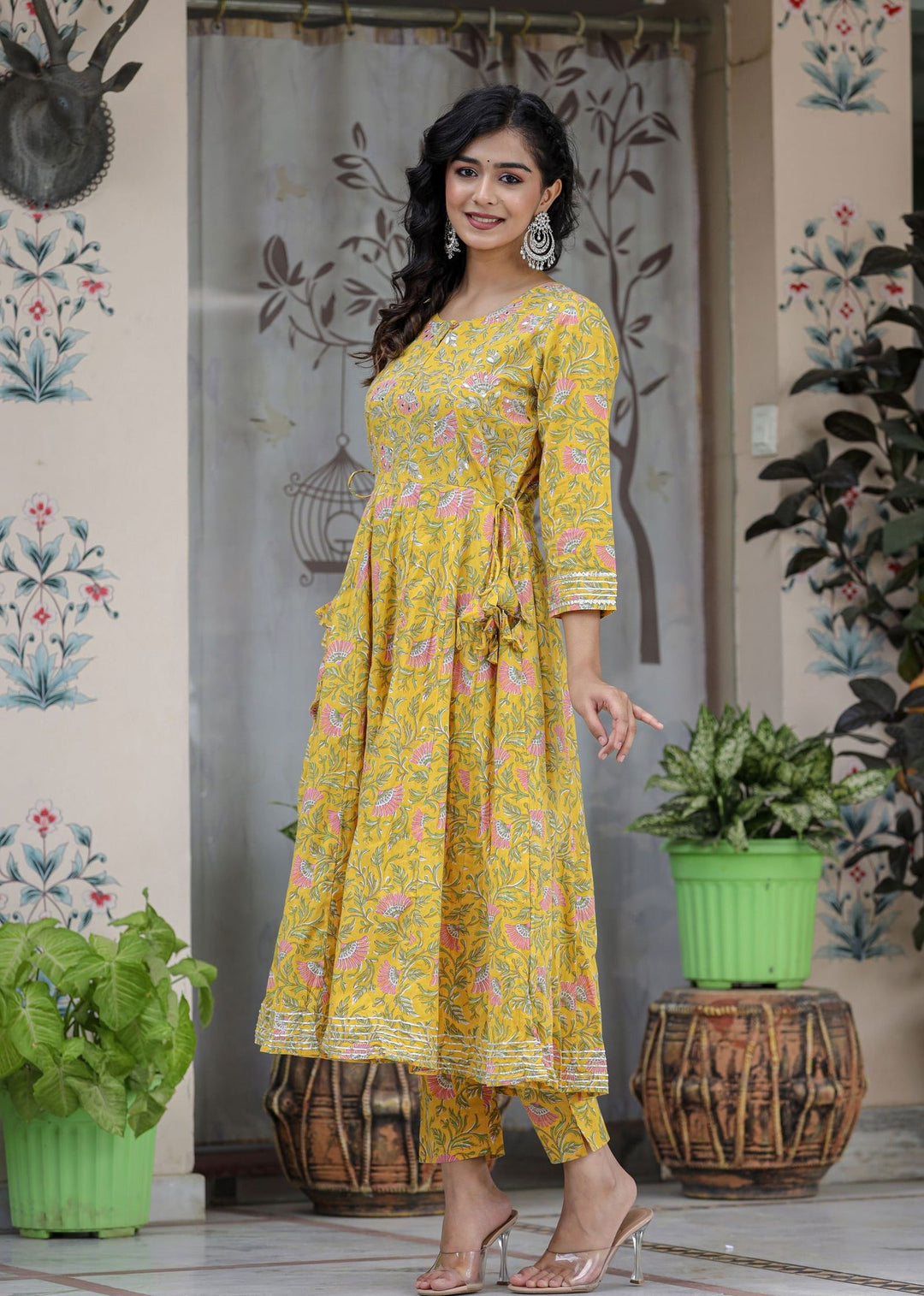 Yellow Floral Printed Cotton Kurta Pant Set (Set Of 2) - Kaajh - #tag4#