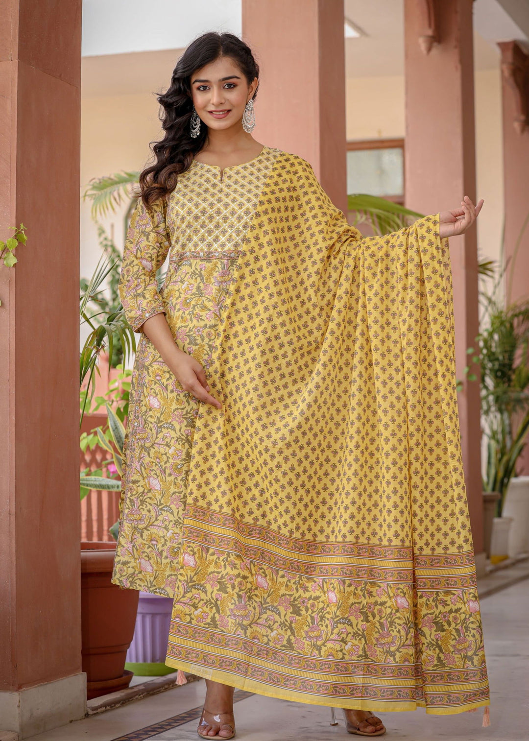 Yellow Floral Printed Cotton Kurta Pant Set With Dupatta (Set Of 3) - Kaajh - #tag4#