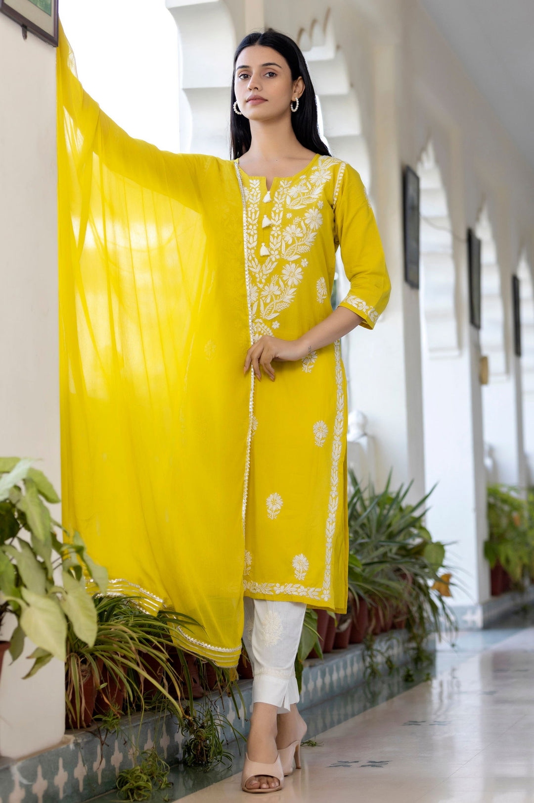 Yellow Hand Embroidered Chikankari Anarkali Kurta Pant With Dupatta Set (pack of 3) - Kaajh - #tag4#