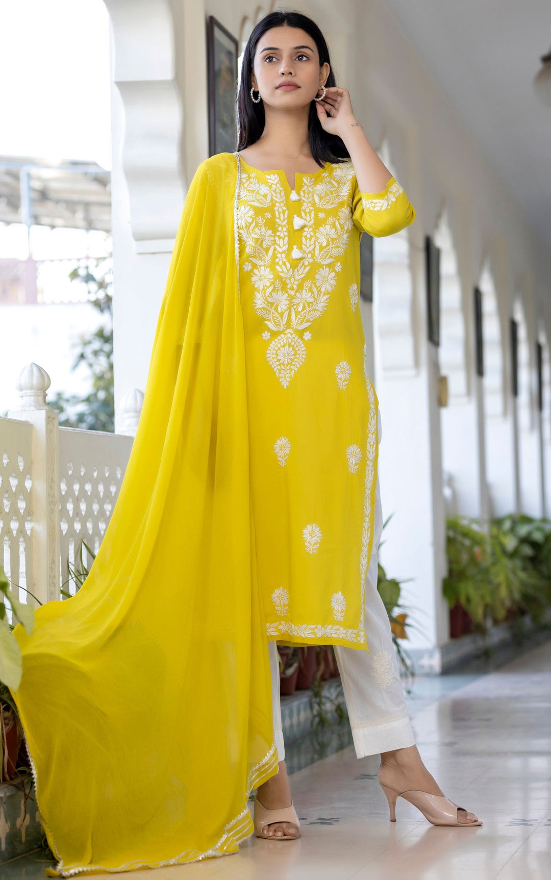Yellow Hand Embroidered Chikankari Anarkali Kurta Pant With Dupatta Set (pack of 3) - Kaajh - #tag4#