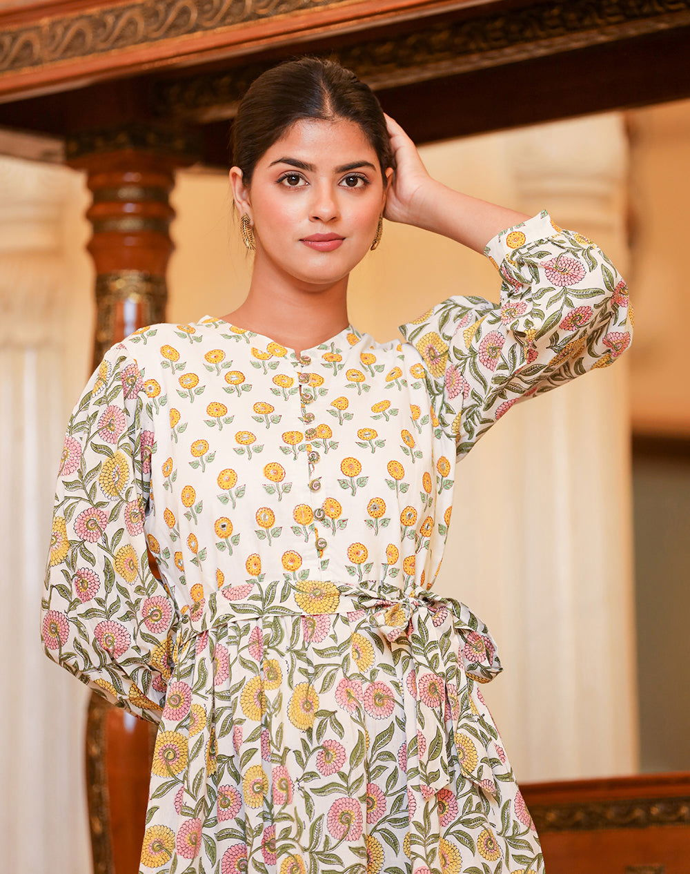 Yellow Handblock Cotton Embroidery Dress (pack of 1) - Kaajh - #tag4#