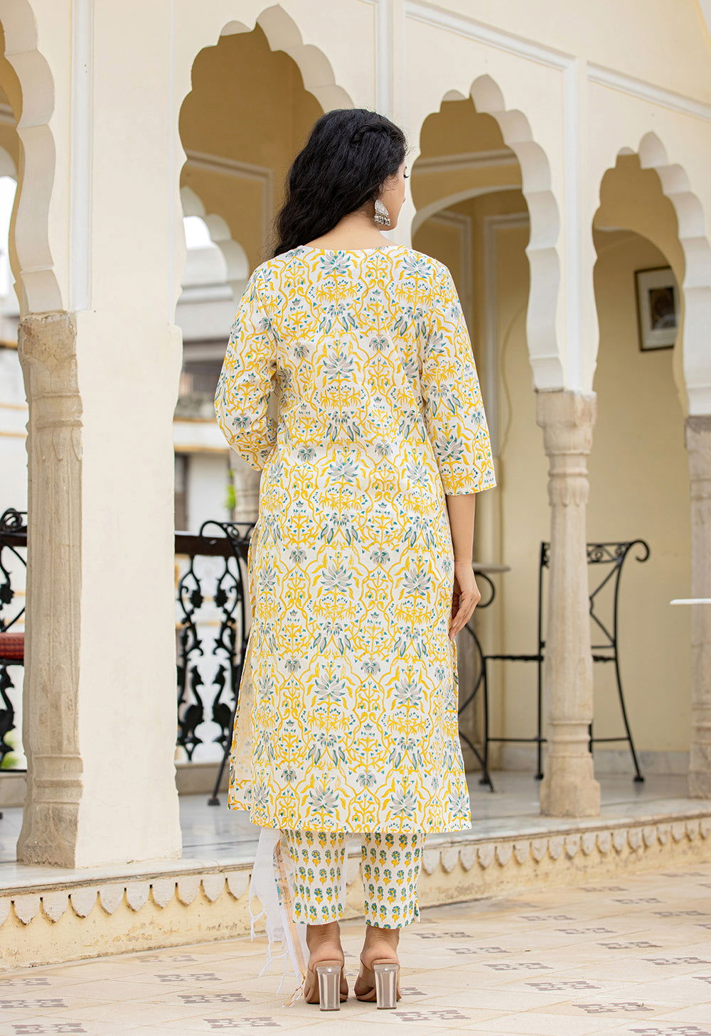 Yellow Handblock Printed Cotton Kurta Pant Set With Dupatta (Set Of 3) - Kaajh - #tag4#