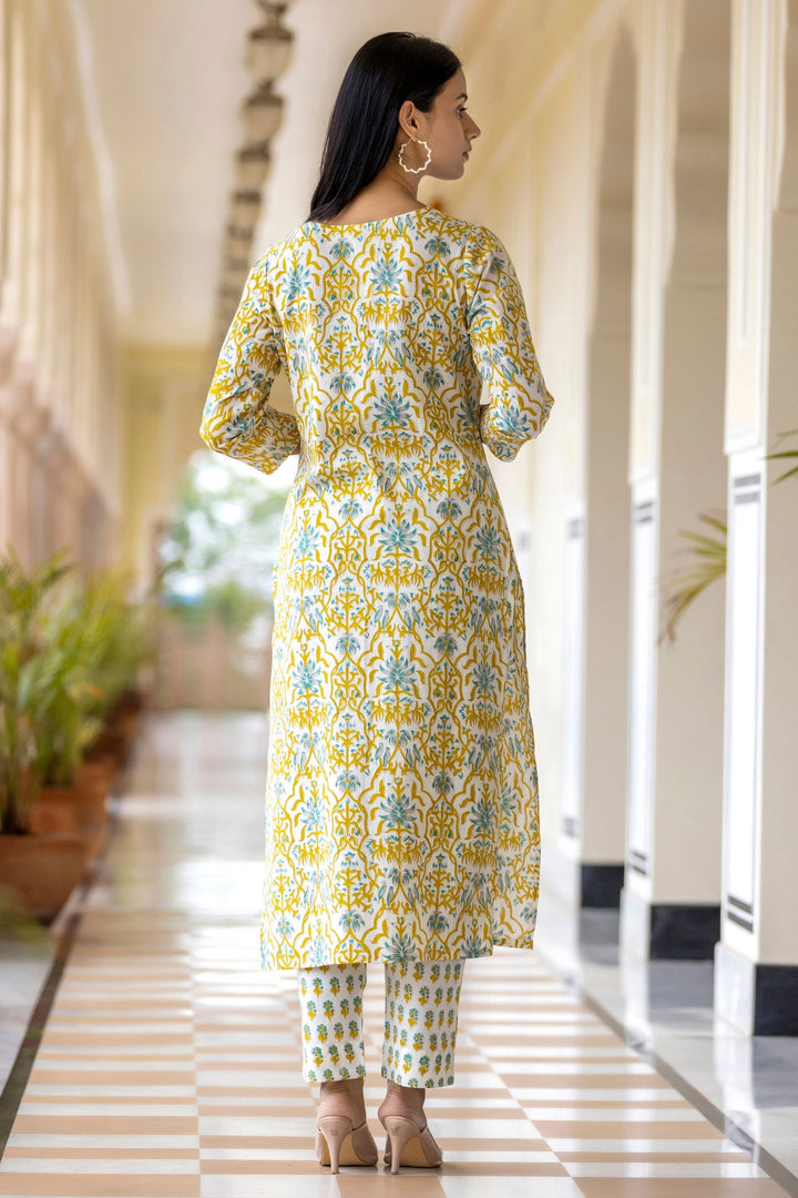 Yellow Handblock Printed Cotton Suit Set (Set Of 3) - Kaajh - #tag4#