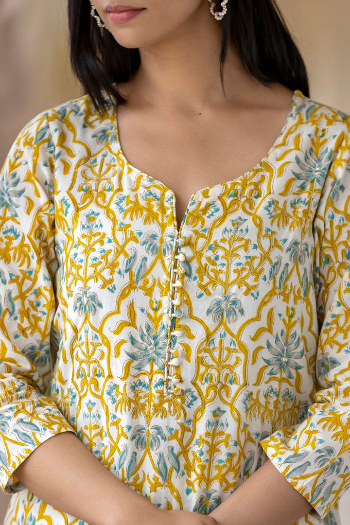 Yellow Handblock Printed Cotton Suit Set (Set Of 3) - Kaajh - #tag4#