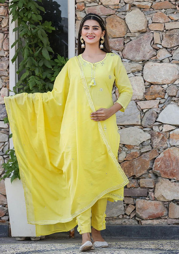 Yellow Mirror Embellished Cotton Suit Set (Set Of 3) - Kaajh - #tag4#