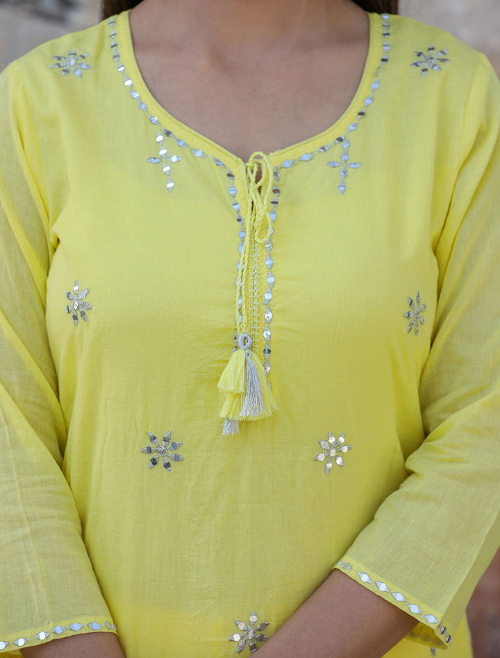 Yellow Mirror Embellished Cotton Suit Set (Set Of 3) - Kaajh - #tag4#