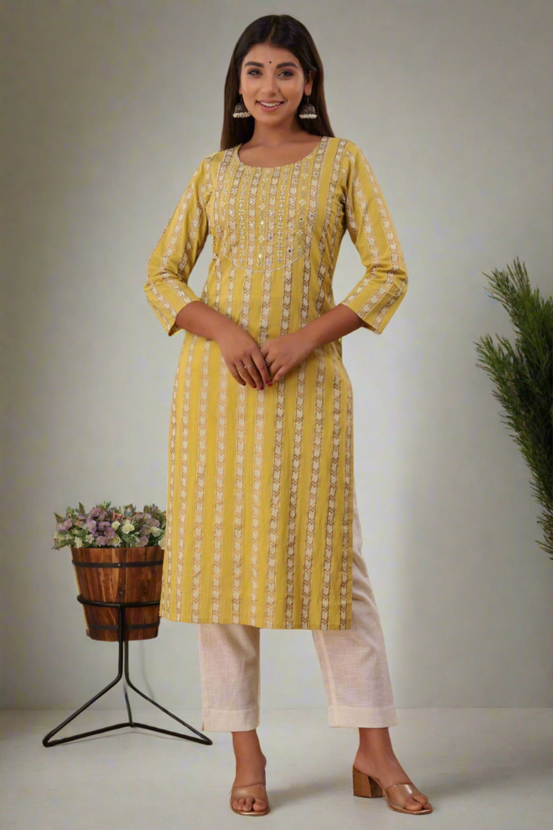 Yellow Mirror Embroidery Cotton Kurta Pant Set (Set Of 2) - Kaajh - #tag4#