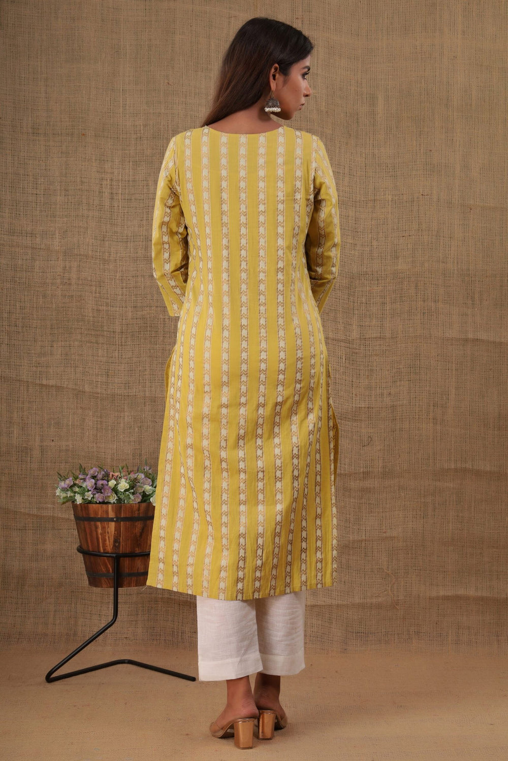 Yellow Mirror Embroidery Cotton Kurta Pant Set (Set Of 2) - Kaajh - #tag4#