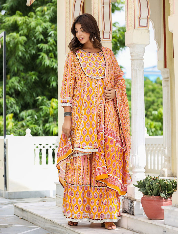 Yellow Orange Paplum Kurta Sharara Suit Set  With Dupatta - Kaajh - #tag4#