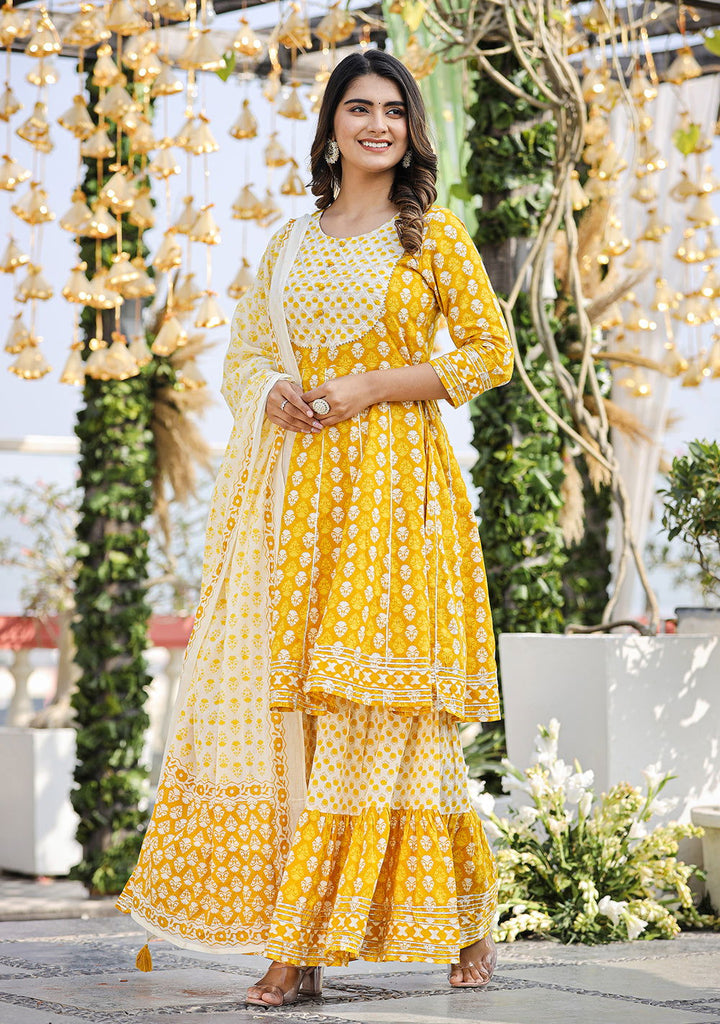 Yellow Printed Cotton Kurta Sharara Set With Dupatta (Set Of 3) - Kaajh - #tag4#