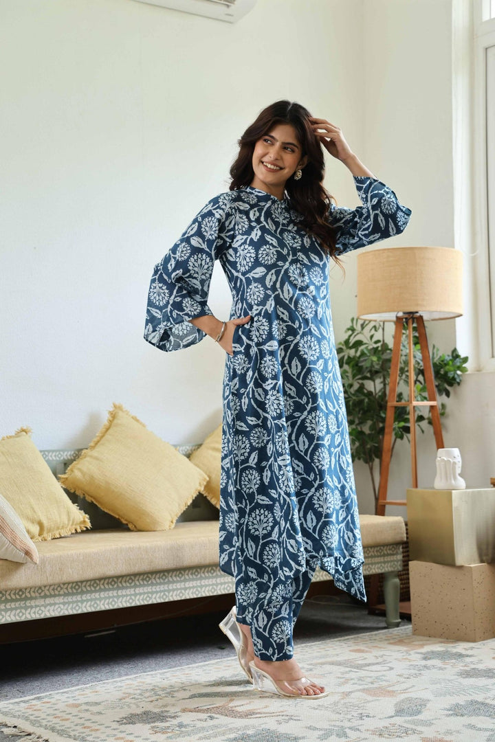 ANYA BLUE COTTON KURTA SET - Kaajh