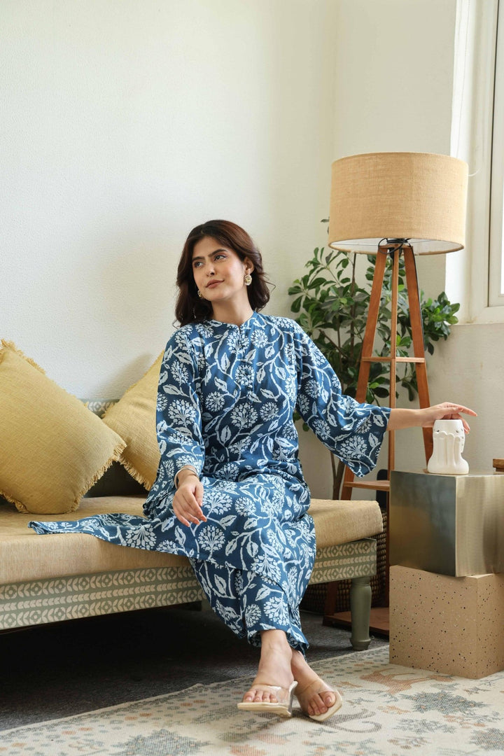 ANYA BLUE COTTON KURTA SET - Kaajh