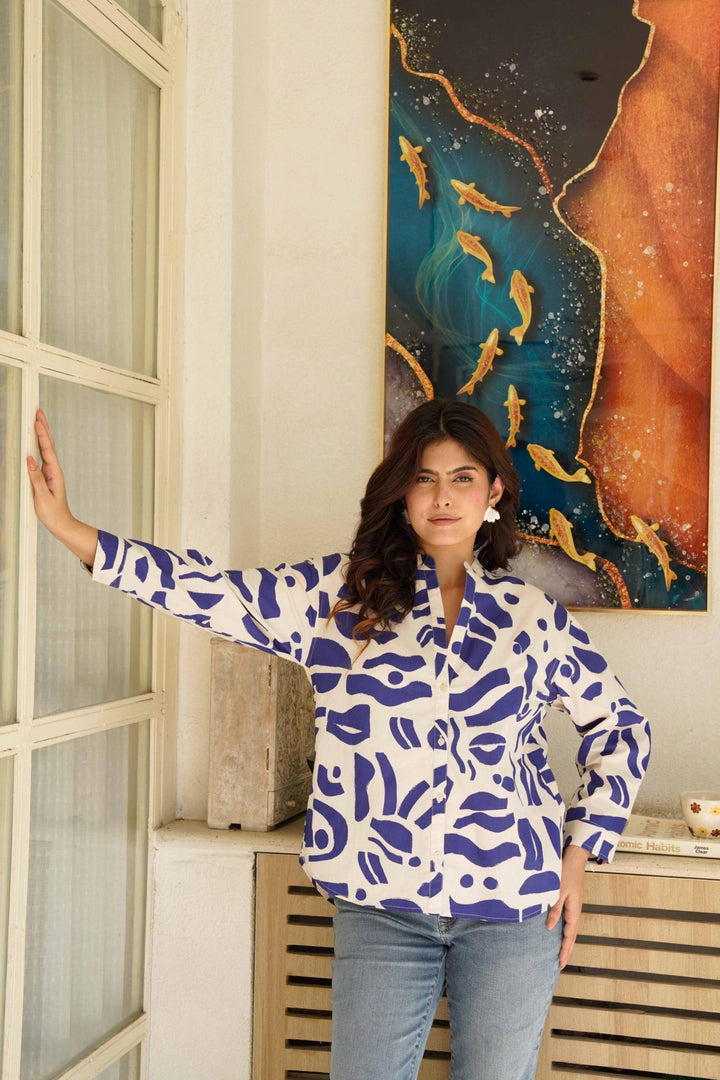 BLUE ABSTRACT PRINT POPLIN COTTON SHIRT - Kaajh